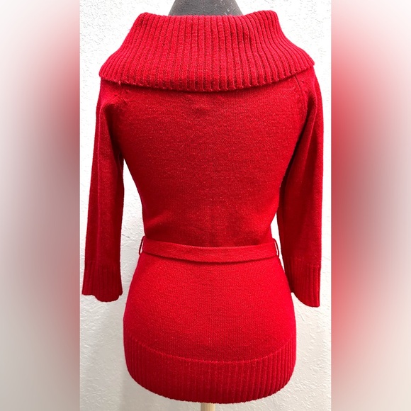 Women’s Red Sparkle Off Shoulder/Cowl Neck 3/4 Sleeves Tunic Sweater w/Belt - Picture 5 of 7